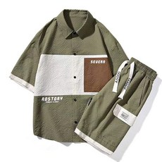 夏季短袖襯衫套裝男 潮牌 寬鬆 休閒 半袖襯衣搭配短褲 運動兩件套 短袖短褲套裝 男生夏季套裝 拚接 撞色