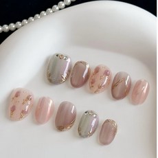 Portia Nail 純手工穿戴甲美甲片，日系輕奢裸粉貓眼，溫柔閃透和風郁金香設計，短杏仁超短橢圓款式, 1個, 和風郁金香（超短橢圓16mm,XS