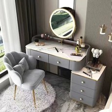 北歐實木LED智能梳妝檯 小戶型化妝桌含收納櫃 免安裝可伸縮60-120cm, 灰白色桌+櫃+三色鏡+化妝椅,60cm單抽屜