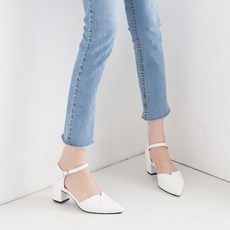 국내제작 뾰족코 트임 발등스트랩 포인트 통굽 미들힐, 235, 화이트