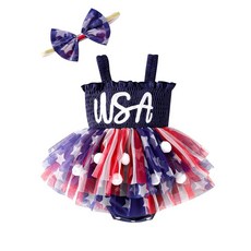 DOMOABEI 7월 4일 여아용 의상 신생아 롬퍼 민소매 귀여운 미국 국기 점프수트 바디수트 머리띠 0-18개월 블루 레드. 12-18개월 233793