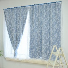 DFMEI 全遮光窗簾出租屋臥室飄窗免打孔安裝魔術貼粘貼式遮擋小窗戶短簾, 繁花紗+全遮光布(藍色)☆☆