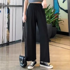 여성용 발목 길이 와이드 레그 팬츠 용수철 여름 바지 단색 탄성 허리 느슨한 아이스 실크 캐주얼 2024 신, 06 S, 07 검정색