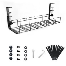 Freleca Under Desk 케이블 관리 트레이 2팩 - 길이 40.9cm(15.7인치) 너비 스틸 코드 오거나이저 키트 홀더 4개 롤 스트랩 12개 드릴 없음, 1