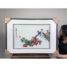 喜鵲石榴刺繡裝飾畫, 手工湘繡畫