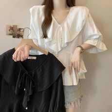 RCLET 여성 여름 반팔 블라우스 브이넥 블라우스 칠부 프릴 블라우스 빅사이즈 블라우스
