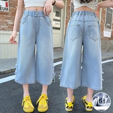 사사로이 여아 주니어 청바지 7부기장 얇은 소재 와이드 레그 팬츠 밑단 트임 리본 포인트