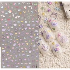 [2장세트] 오루셀렉트 파스텔 토끼 꽃 네일 스티커 | 입체 리본 무지개 라인 | 감성 셀프네일 꾸미기, 2개, 파스텔 토끼 무지개