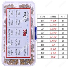 다층 세라믹 커패시터 키트 50V 100 106 10pF 10uF 102 103 104 105 22pF 47pF 68pF 1nF 10nF 100nF 1uF 08mm, 0.1uF10uF x 500pcs