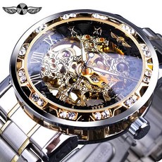 남자 스켈레톤 오토매틱 기계식 수동 시계 2060 손목, 1, K. 실버 블랙 다이얼 골드 문자 실버