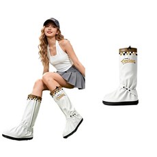 HANQI 高筒雨鞋套 女用加厚PVC防水防滑騎行登山腳套, 白色棕格