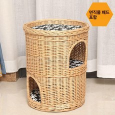 고양이집 라탄 등나무 사계절 쿠션 매트 강아지 여름 냉감 방석 스크래쳐 해먹 침대 숨숨집 반려동물 하우스 바구니, 1개, 2단 대형 내추럴 컬러 쿠션 포함