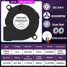5015 50mm 24V 12V 5V 2핀 듀얼 볼/슬리브 베어링 브러시리스 냉각 터빈 블로워 팬 50mm x 15mm 블로워 쿨러, 2PCS, RGB 없음, 24V Ball 2PIN