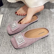 ROYALBELLE 여성 큐빅 장식 스웨이드 슬리퍼 스퀘어토 캐주얼 플랫 슈즈 E01030306