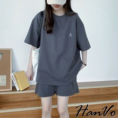 HanVo 小三角刺繡休閒套裝 圓領短袖短褲兩件套 女生衣著 A08-5940
