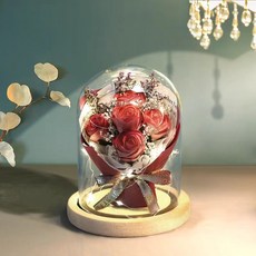 장미 꽃다발 LED 무드등 유리 덮개 장식품 시들지 않는 꽃 조화 꽃다발, 1개, 담홍색 장미11x15cm