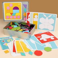 磁鐵幾何拼圖 磁性益智形狀拼圖 七巧板早教教具 鐵盒, 1個, 【加厚木質磁鐵】,鐵盒[189磁片+64個圖案+圖冊]