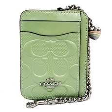 COACH 淺綠色 PVC 壓紋 證件套 零錢包 附掛鍊 愛心吊飾