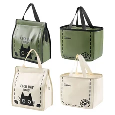 貓咪皮革保溫便當袋 手提餐袋 保冷保溫 可愛貓咪設計, 1個, 橫款   米色花朵貓, 米色花朵貓