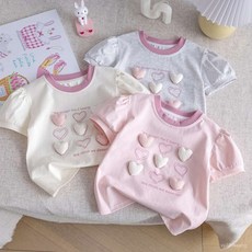 臺灣低價 女童T恤 女童短袖 女童立體愛心短袖T恤洋氣甜美印花泡泡袖上衣女孩夏季新款打底衫p08y