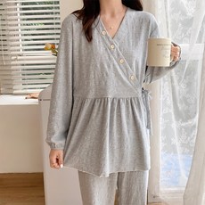 수유잠옷 임산부 빅사이즈 잠옷 원피스 세트 홈웨어 넥 그레이 면