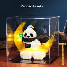 大熊貓花花萌蘭中國積木 微小顆粒拼圖 益智兒童生日禮物玩具, 月亮熊貓花花+錘子+亞克力盒【燈光版0, 1個