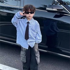 【Arbea】中大童男孩襯衫春季新韓版男孩百搭學院風上衣藍色豎條紋領帶襯衣【C1229】