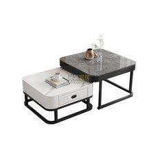 北歐輕奢巖板茶幾桌，現代簡約客廳茶臺，大小戶型適用，多功能組合, 1個, 加厚巖板-方形-金架+金茶+雪山白巖板+,組裝