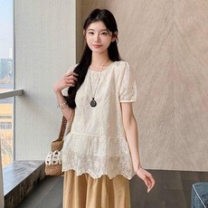 孕婦夏裝套裝 刺繡短袖蕾絲上衣 夏季闊腿褲兩件套 媽咪時尚穿搭
