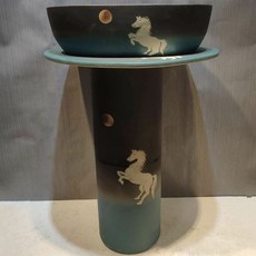 復古立柱式洗手盆 圓形洗手台 高溫陶瓷, 駿馬奔月小橢圓三件套無任何配