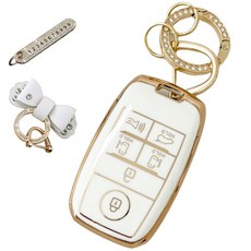 루루형제 기아 호환 자동차 프리미엄 TPU 키 케이스+번호 키링+가죽리본, 크림화이트, AK-03