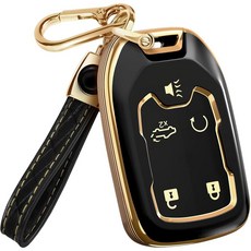 Lucrum GMC & 쉐보레 키 포브 커버 및 가죽 키체인 - Suburban Acadia Sierra Tahoe Yukon 전용 TPU Keyfob 케이스 - 2014-20, Type 2 - 5 Buttons, 블랙