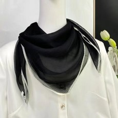 天絲包邊護頸巾 時尚純色簡約薄款紗巾 輕奢珍珠長圍巾, 黑色天絲方巾, 1個