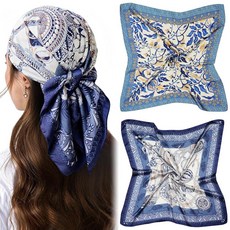 AUAUY 여성용 헤어용 헤드 스카프 88.9/60.9cm(35/27.5/23.6인치) 스퀘어 새틴 헤어 프린트 패션 넥 블루 앤 화이트 도자기-a 161896