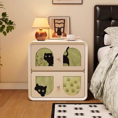 奶油風床頭櫃 家用臥室中古風儲物櫃 簡約高級感實木簡易收納櫃 QPTD, 奶油貓咪-整體實木框架+實木抽屜丨免安裝,50x40x47cm, 1個