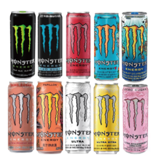 몬스터에너지드링크 10종세트 2개씩(그린+제로+파이프라인+망고로코+레모네이드+피치킨+울트라+시트라+스트로베리+파피용), 20개입, 355ml