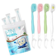 JOUGE 미니 브러시 - 치약 + 혀 스크레이퍼가 있는 일회용 칫솔 + 픽+치실 픽 5 in 1 개별 포장 직장 또는 여행용 12개 (혼합 맛-12개), 혼합 맛