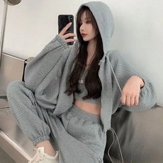 休閒運動套裝女春秋季衛衣 寬鬆時尚三件套