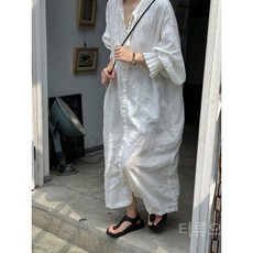 티류으스 여성 봄 가을 롱 원피스 화이트 플라워 슬리브 끈 매듭 풀 오픈 프론트 드레스 WY