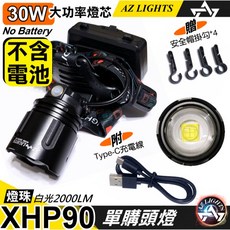 XHP90 強光頭燈 P90 鋁合金 變焦 戶外遠射 照明頭燈 夜釣充電頭燈 18650頭燈, 1個, 單購頭燈附線/贈掛勾(不含電池)