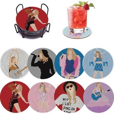 PCS 싱어 다이아몬드 아트 터 키트 8개 홀더 세트 팝스타 페인팅 DIY 터즈 홈 데코 하우스 워밍 선물용 컵 매트 공예 용품 미끄럼 방지, Bla