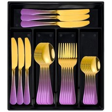 가족 다이닝룸용 그라데이션 퍼플 골드 실버웨어 세트 오거나이저 포함 24피스 식기 세트 6인용 튼튼한 스테인리스 스틸 실버웨어 녹 방지 스테인리스 스틸 커틀러리 (블랙), 블랙