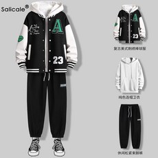 男款套裝 秋天套裝男 休閒穿搭套裝 休閒服套裝男 聖利卡棒球服套裝男秋鼕韓版潮流帥氣潮男搭配整套寬鬆休閒三件套
