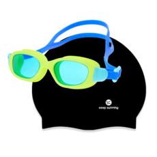 킵스위밍 초등 유아동 주니어 생존수영 수경+수모 세트, 수경:그린+수모:블랙, 1개
