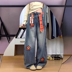 해피유통 여성용 와이드 진 빈티지 스타 패치 캐주얼 데님 팬츠 체크 무늬 벨트 포함