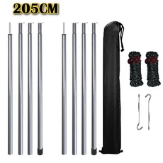 텐트 폴 조절 가능한 타프 캐노피 캠핑 교체용 강철 막대 2개 집게 및 반사 로프 세트, Black, 04 205CM Sliver kits