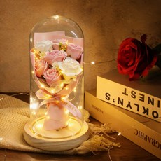 Folvia 유리돔 조화 장미 꽃다발 무드등 로즈데이 기념일 선물 미니카드 포함, 핑크 업그레이드형