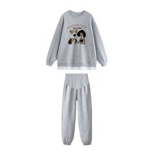 임산부 세트 가을 겨울 여성 캐주얼 임부복 루즈핏 라운드 맨투맨 + 하이웨이스트 조거 팬츠 상하의 투피스 기질 도톰 임부 투피스 세트 CY