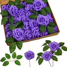 인조 장미 10개 센터피스 포함 웨딩 25개 부케 줄기, 25PCS, Purple(No leaf)