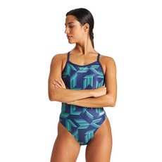 Arena Puzzled Print 여성용 챌린지 백 원피스 수영복 경쟁 또는 캐주얼 수영용 여성용 수영복 네이비 레드 멀티